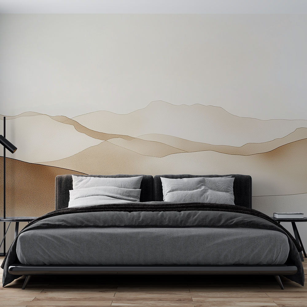 Mountain landscape wallpaper creating a calm atmosphere in a minimalist living room with beige and cream tones