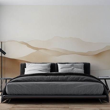 Mountain landscape wallpaper creating a calm atmosphere in a minimalist living room with beige and cream tones