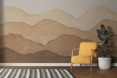 Mountain landscape wallpaper in modern living room creating serene atmosphere with beige tones