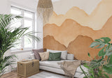 Abstract mountain mural in minimalist bedroom showing scale and dimension