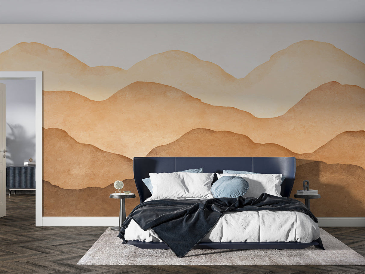 Beige mountain wallpaper in home office highlighting clean lines