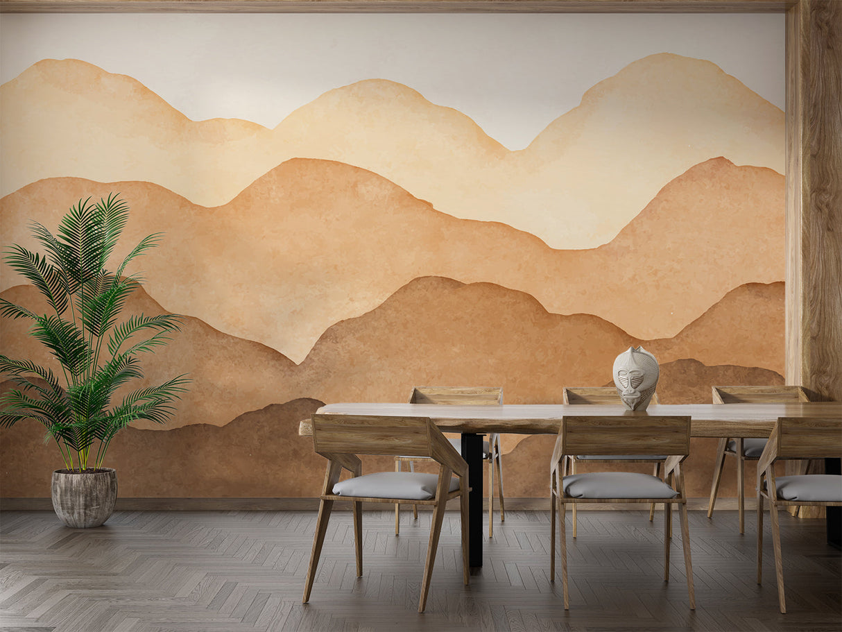 Mountain wall mural in dining room showcasing soft neutral tones