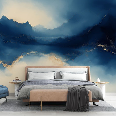 Modern living room featuring Mountain Mural Wallpaper with blue and gold peaks, creating a sophisticated atmosphere