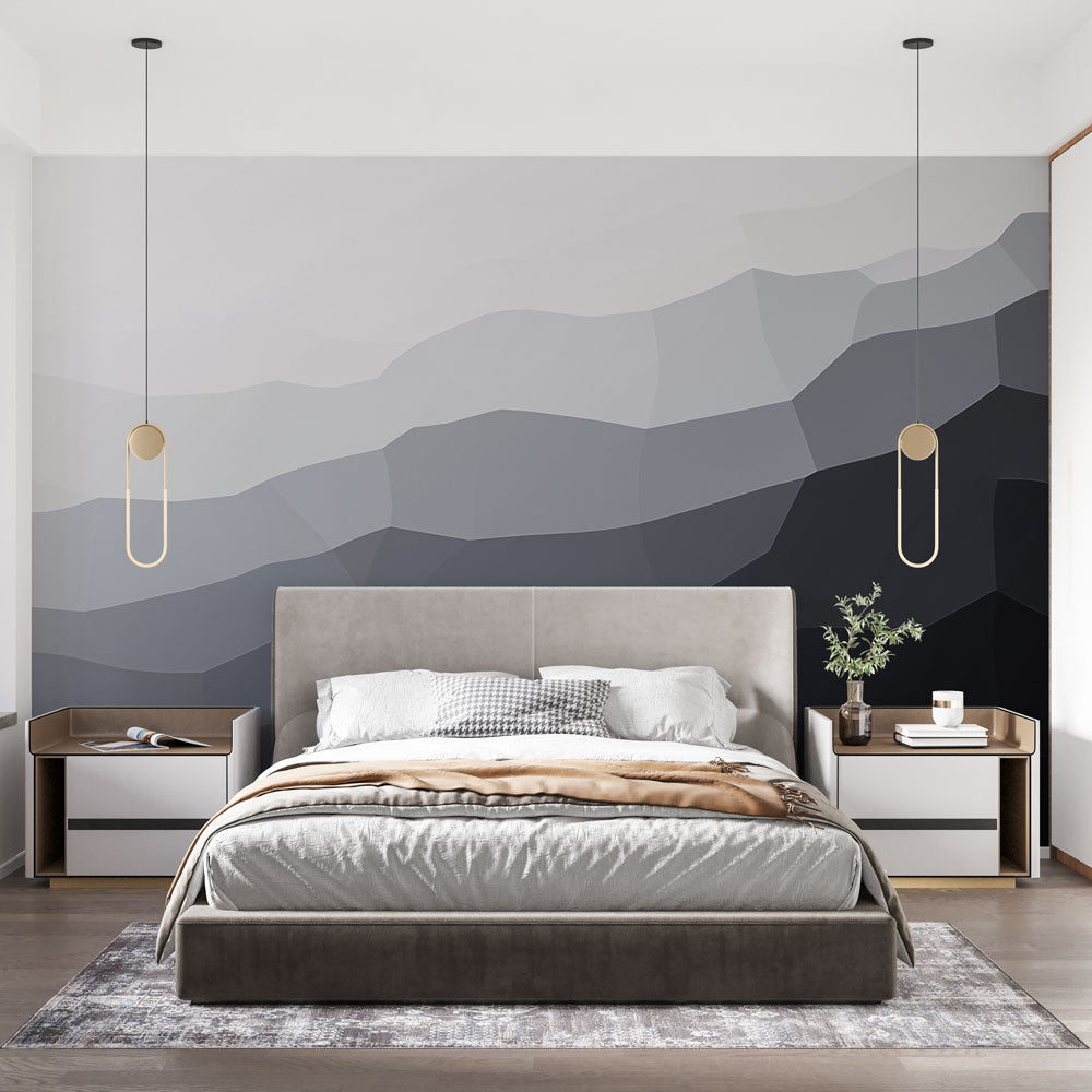 Modern geometric mountain wallpaper with gradient design shown in a minimalist living room with natural light