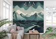 Mountain landscape wallpaper in modern living room with grey sofa and natural light