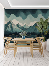 Green mountain wallpaper in cozy bedroom with wooden furniture
