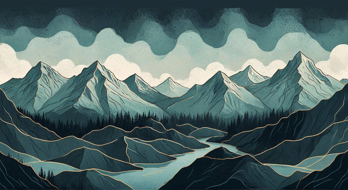Mountain landscape wallpaper design file showing full pattern and rich green tones