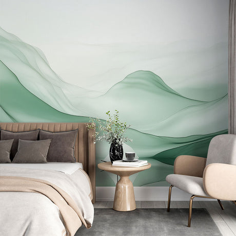 Mountain landscape wallpaper with sailboat creating a peaceful atmosphere in a modern living room with natural light
