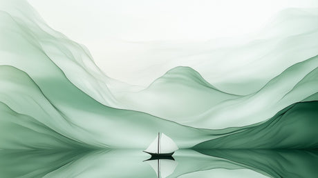 Abstract green mountain landscape design file with peaceful sailboat scene