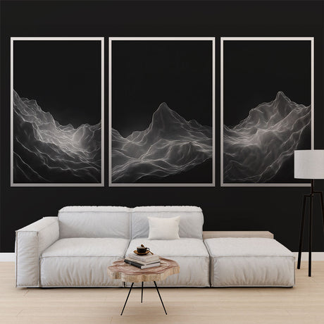 Modern mountain line art wallpaper creating depth in a minimalist living room with clean furniture and natural light