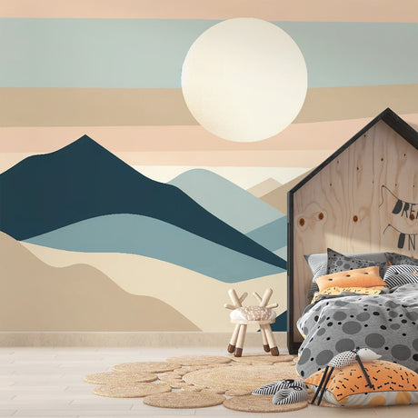 Mountain landscape wallpaper creating a calming atmosphere in a modern living room with minimal furniture