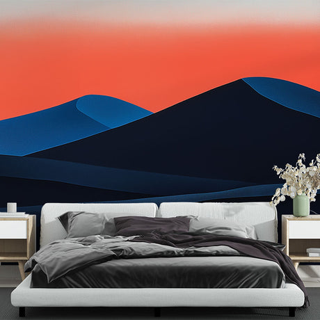 Modern Mountain Mural Wallpaper creating depth in a minimalist living room with abstract sunset colors and geometric peaks
