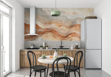 Abstract Mountain Wallpaper creating a warm atmosphere in a modern living room with minimal furniture