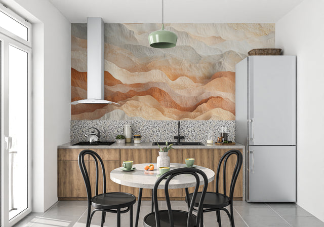 Abstract Mountain Wallpaper creating a warm atmosphere in a modern living room with minimal furniture