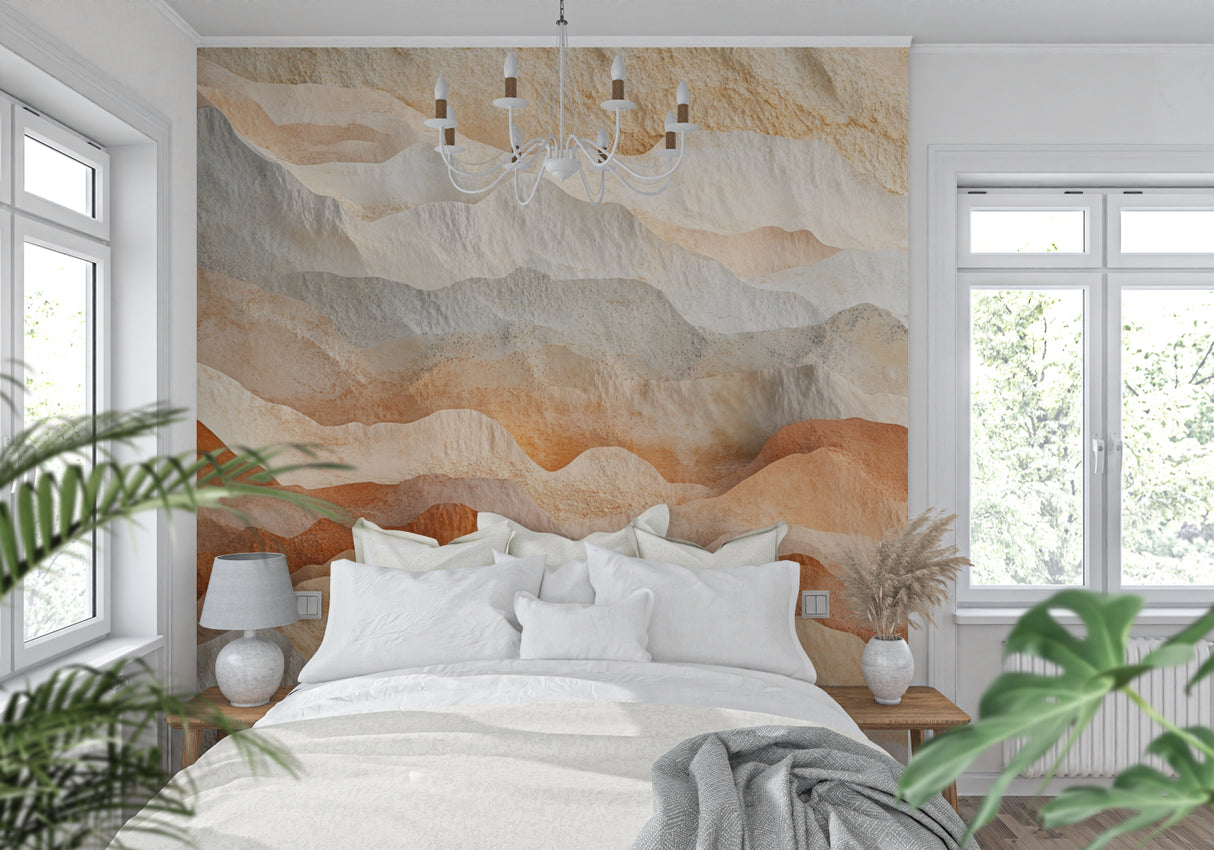Terracotta Mountain Mural making a statement in a cozy bedroom with natural light