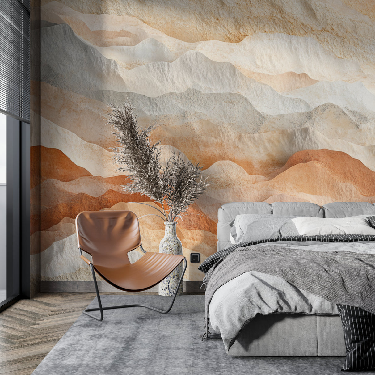 Abstract Wave Wallpaper flowing across a dining room wall with earth-toned decor