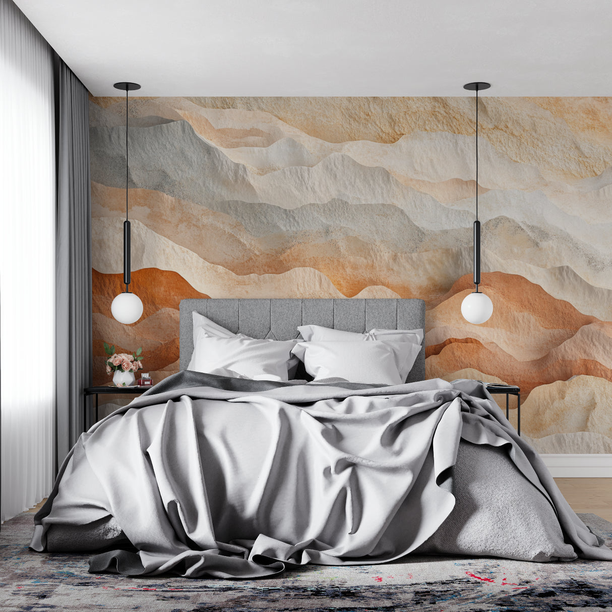 Mountain Wave Mural adding depth to a home office with contemporary furnishings