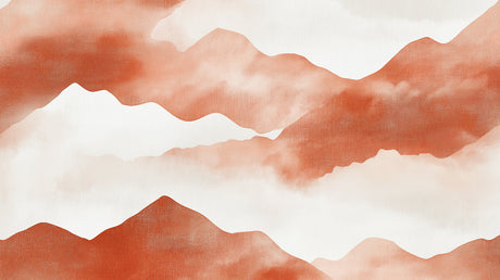 Modern mountain abstract wallpaper creating a warm, peaceful atmosphere in a minimalist living room with terracotta accents