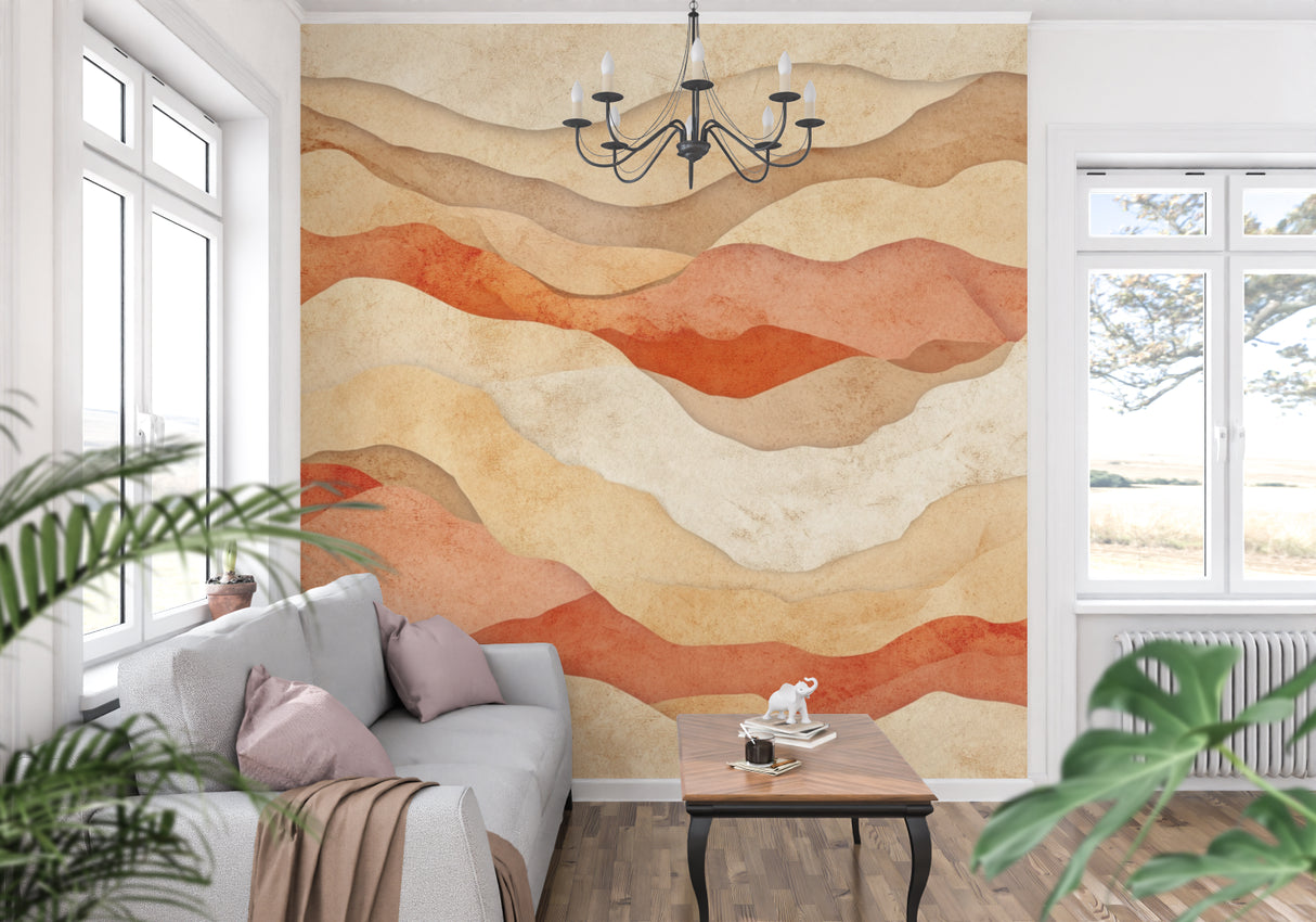 Abstract mountain mural in master bedroom, flowing terracotta waves adding depth