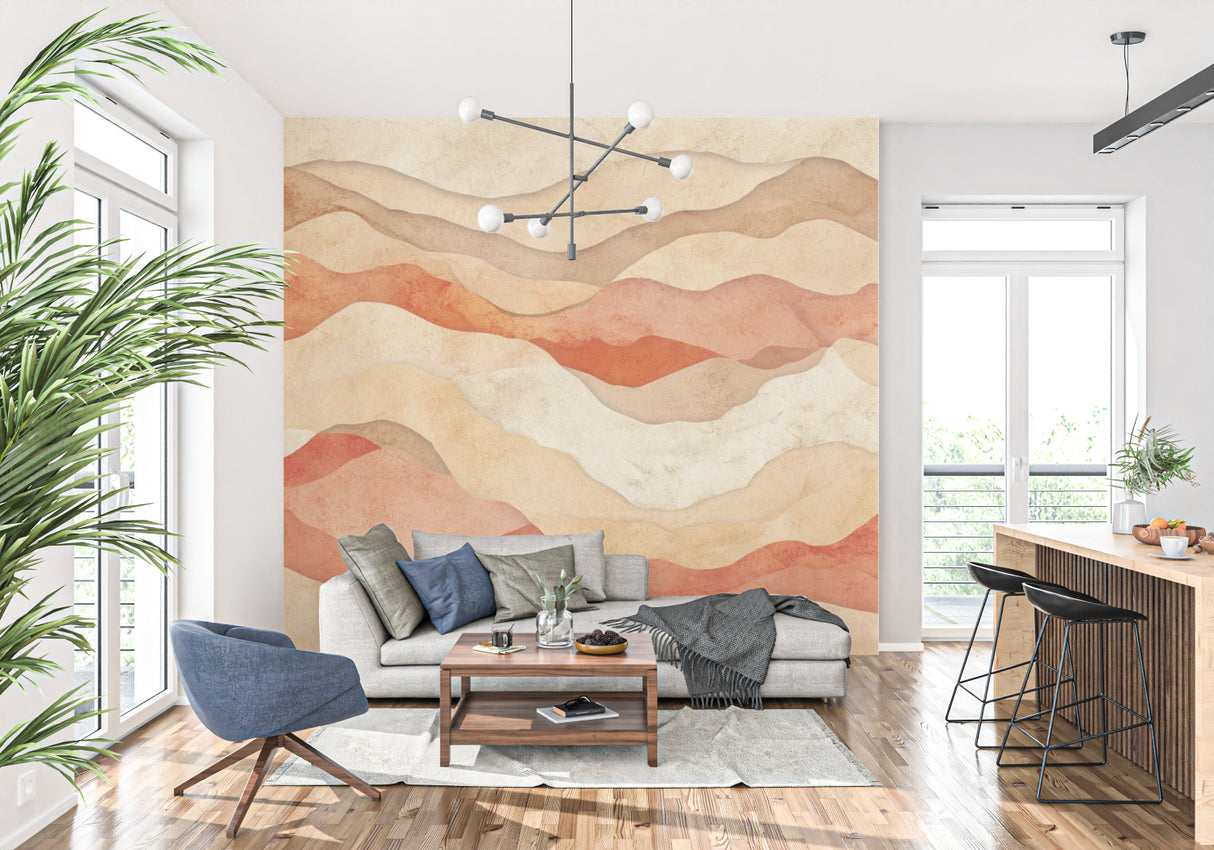 Terracotta mountain wallpaper in home office space showing gentle wave patterns