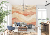 Terracotta mountain wallpaper in home office space showing gentle wave patterns