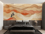 Abstract mountain design in dining room, soft terracotta tones creating movement