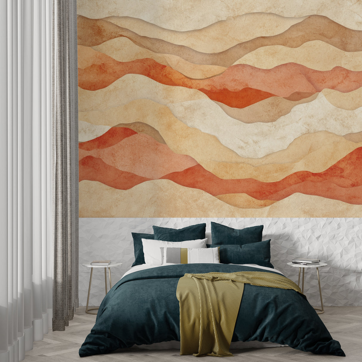 Mountain mural in entrance hall showcasing flowing terracotta waves pattern