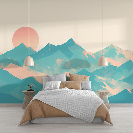 Mountain mural wallpaper in modern living room, showing turquoise and pink abstract peaks creating depth against cream walls