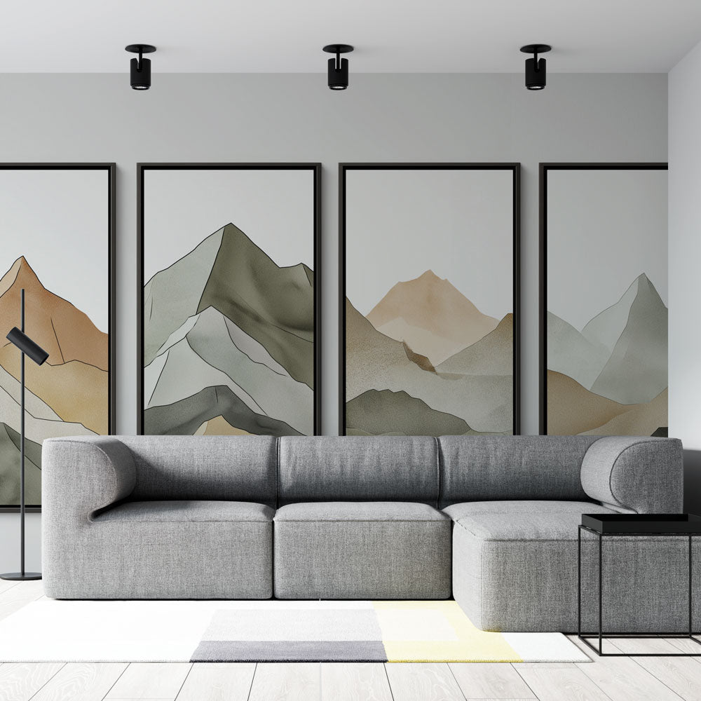 Mountain range wallpaper mural styled in modern living room, creating depth with soft watercolor peaks