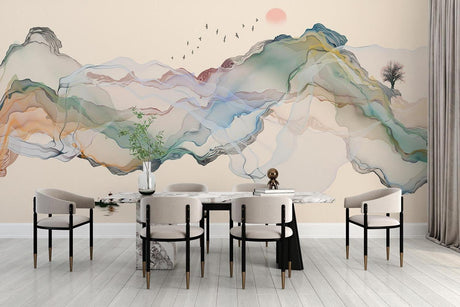 Mountain landscape wallpaper creating a peaceful atmosphere in a modern living room with minimal furniture