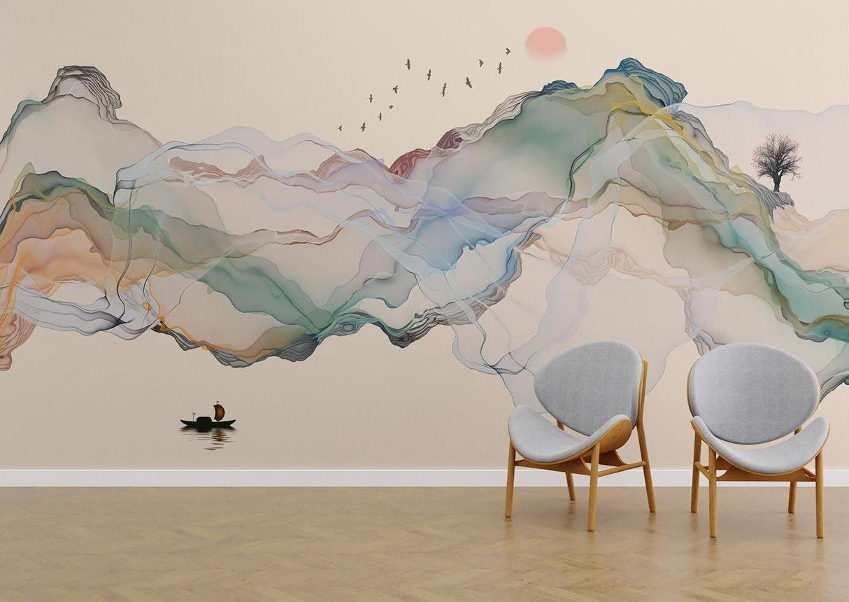 Watercolor mountain mural adding depth to a serene bedroom with natural light
