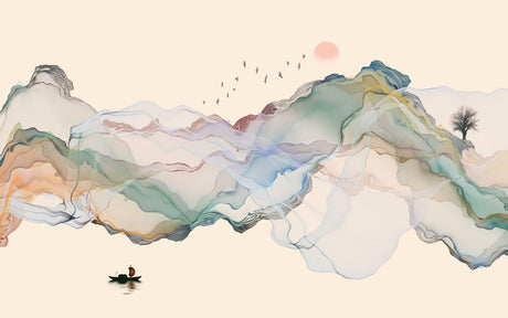 Abstract mountain and birds design file showing full watercolor pattern detail