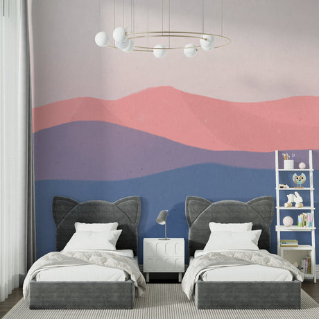 Abstract mountain wallpaper with pink and blue waves creating a serene atmosphere in a modern living room