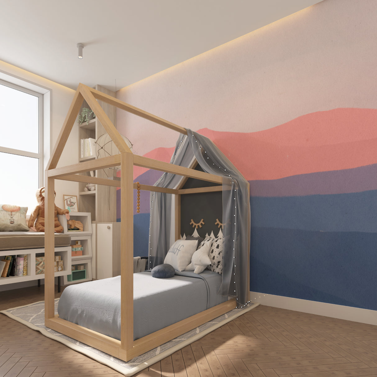 Pink and blue abstract wave mural transforming a minimalist bedroom into a peaceful sanctuary