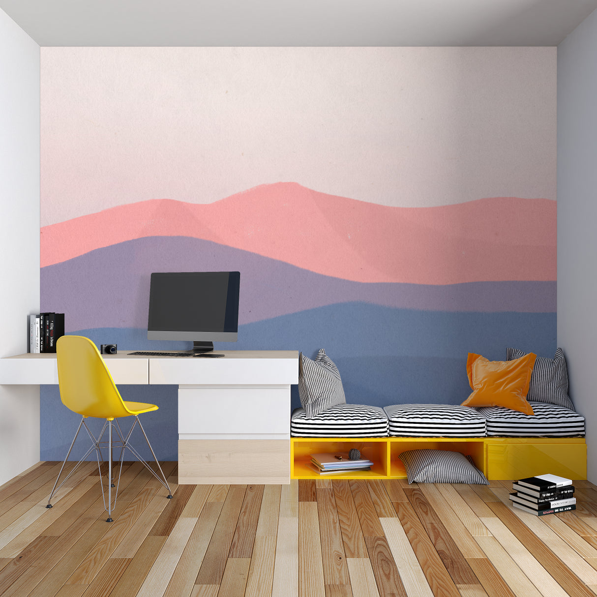 Geometric mountain wallpaper with flowing waves adding depth to a contemporary home office