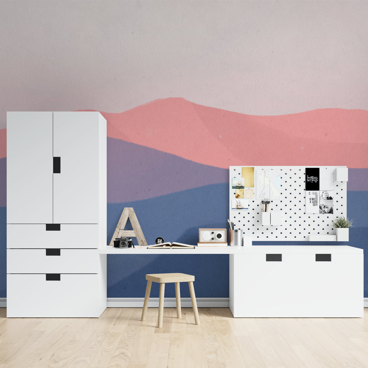 Abstract wave mural in soft pink and blue tones creating movement in a dining room