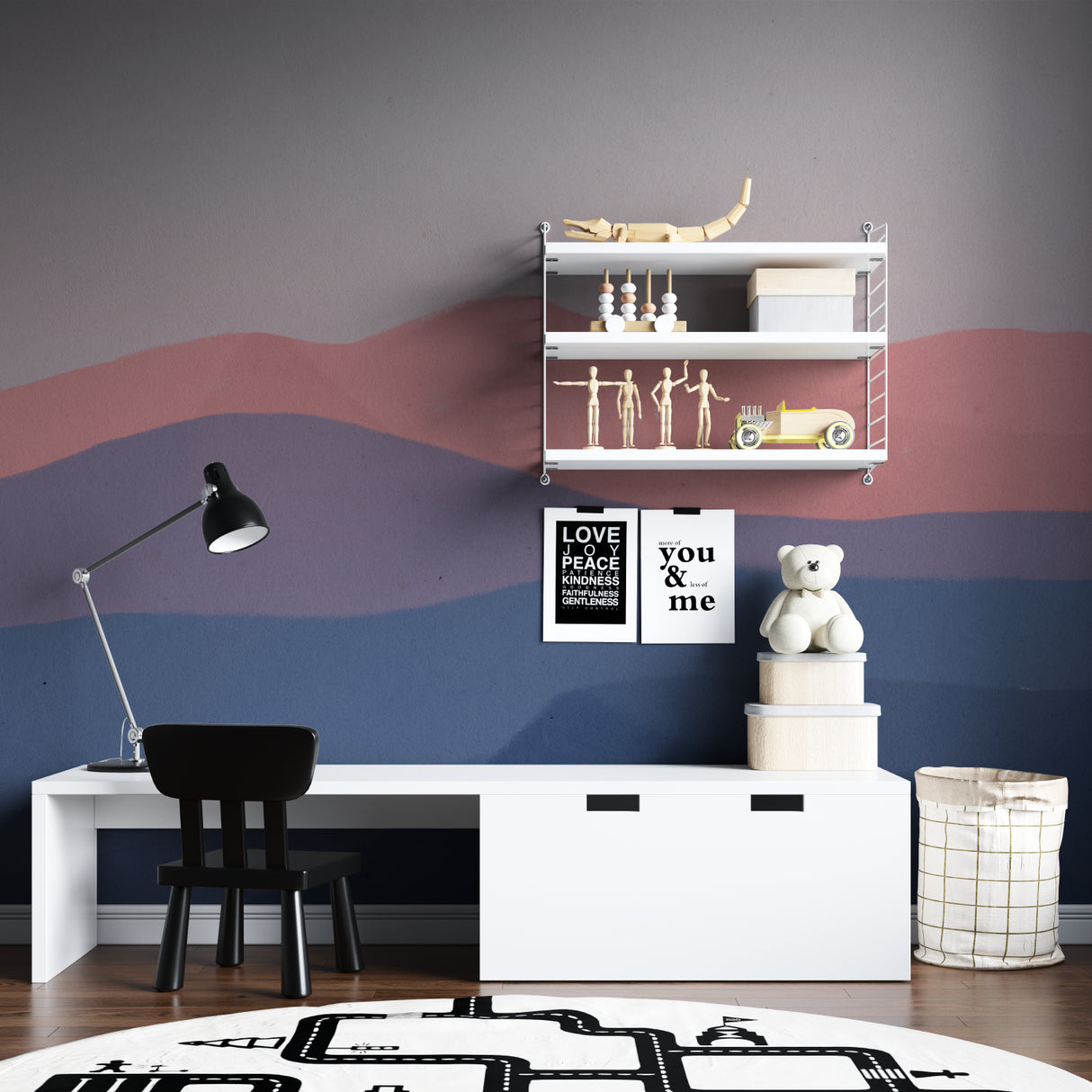 Modern mountain wallpaper design showcased in a stylish meditation room setting