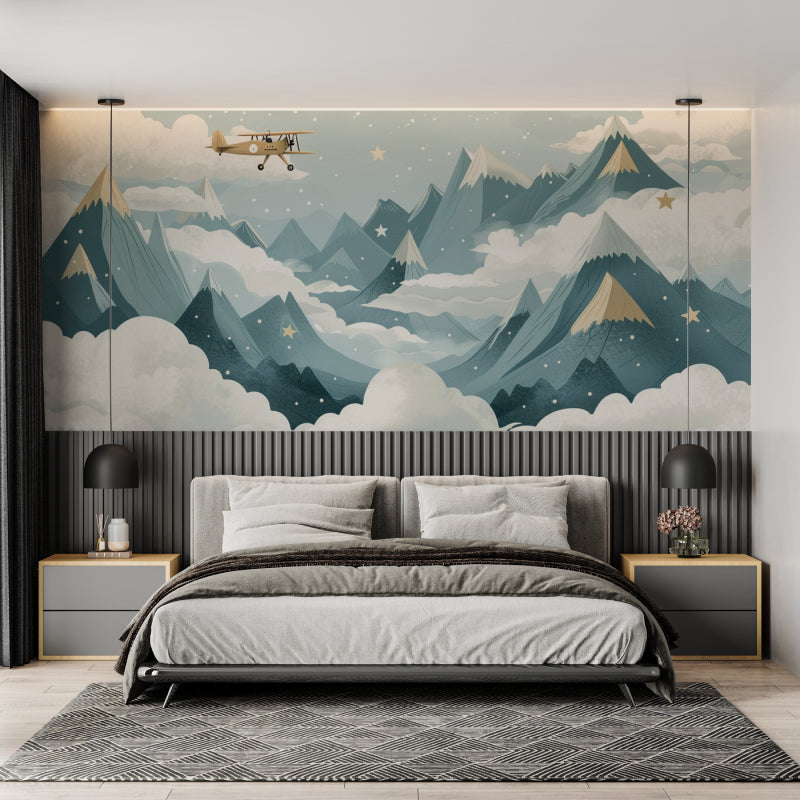 Mountain adventure wallpaper in cozy bedroom, vintage airplane soaring over peaks in night sky