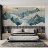 Mountain adventure wallpaper in cozy bedroom, vintage airplane soaring over peaks in night sky