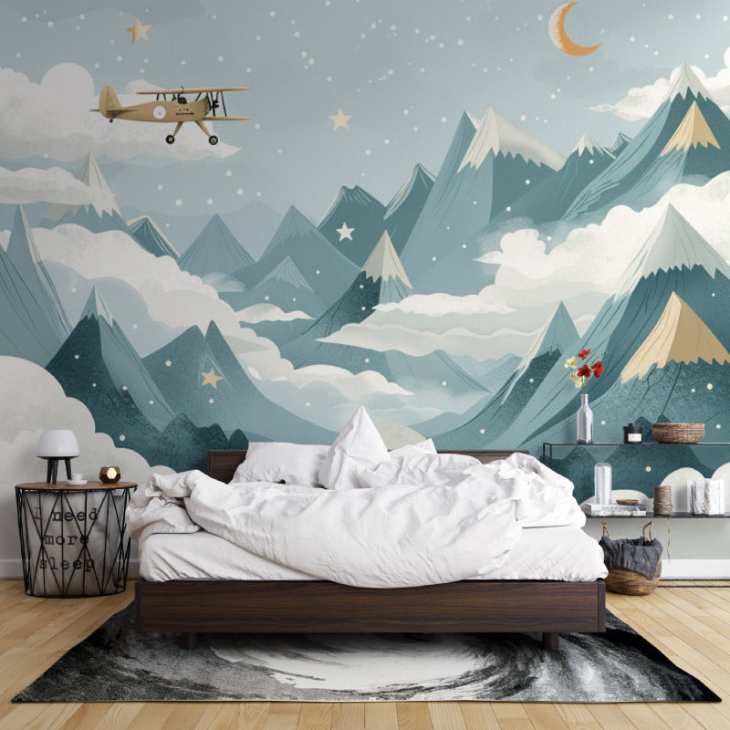 Night sky mountain mural in modern nursery with airplane theme