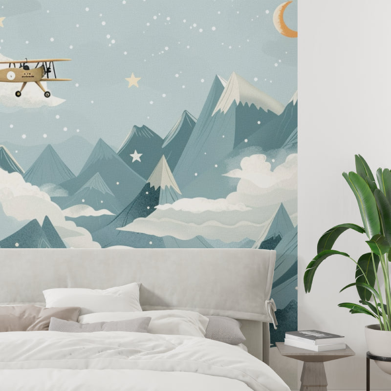 Adventure mountain wallpaper creating depth in playroom space