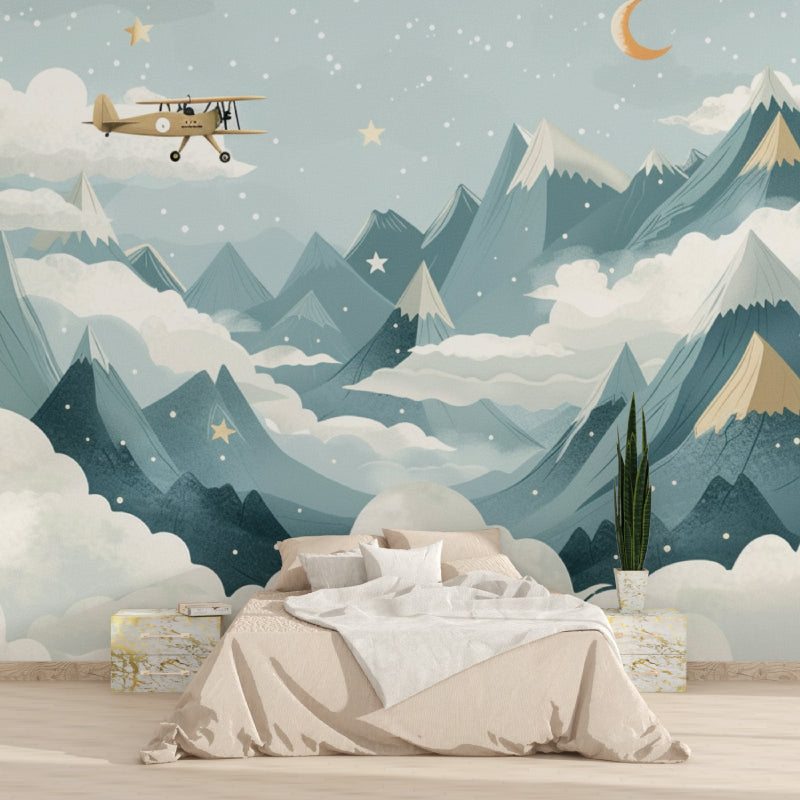 Mountain landscape wallpaper with airplane in home office setting