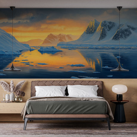 Mountain landscape wallpaper creating depth in a modern living room with minimal furniture and natural light