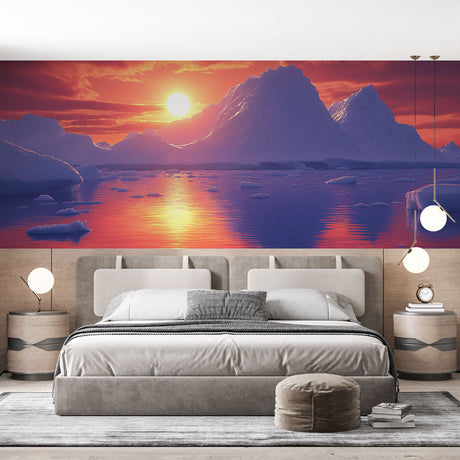 Mountain landscape wallpaper showcased in a modern living room with floor-to-ceiling arctic sunset view