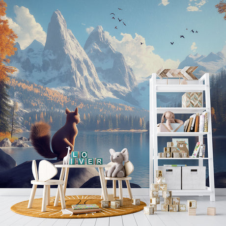 Mountain lake wallpaper creates a calm feel in modern living room with soft lighting and minimal furniture
