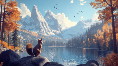 Mountain lake with autumn trees and squirrel design file, showing rich colors and detailed landscape