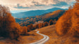 Mountain landscape wallpaper creating depth in a modern living room with warm autumn colors and winding path