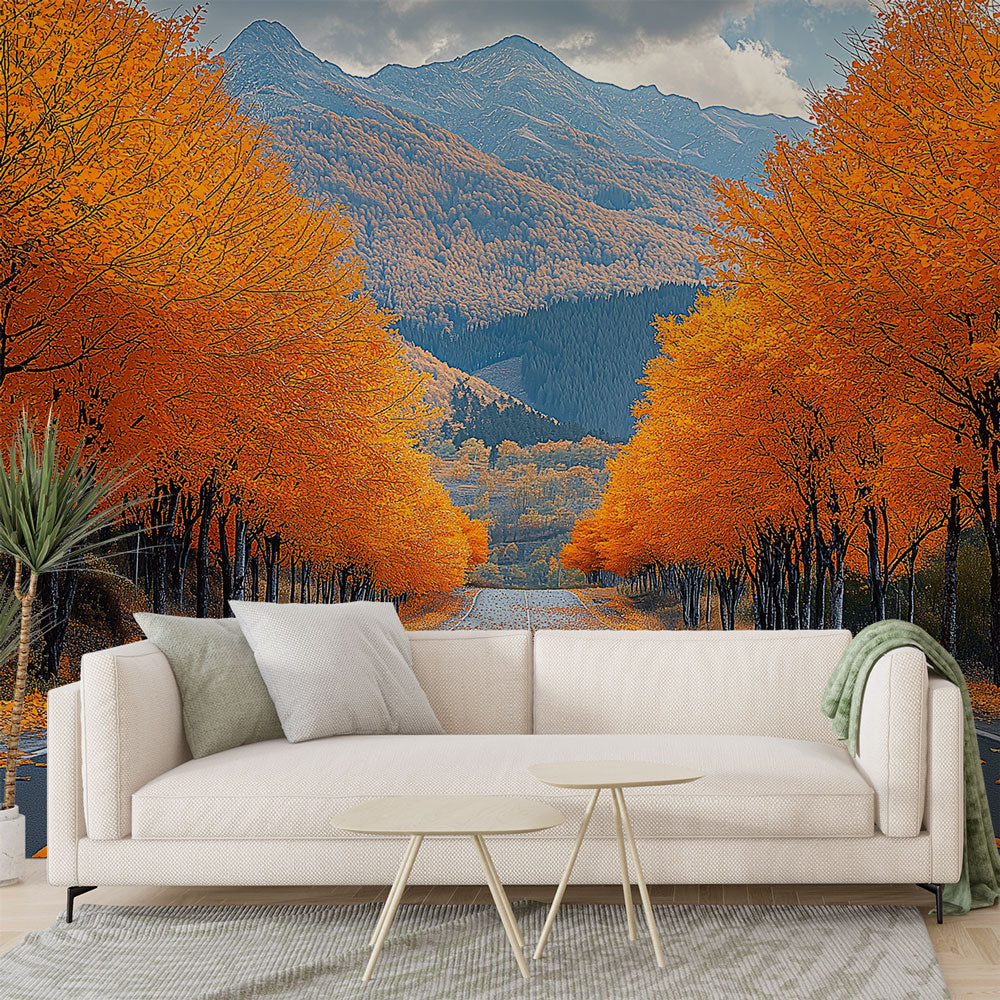 Mountain landscape wallpaper with autumn forest road shown in modern living room, warm orange tones complement contemporary furniture