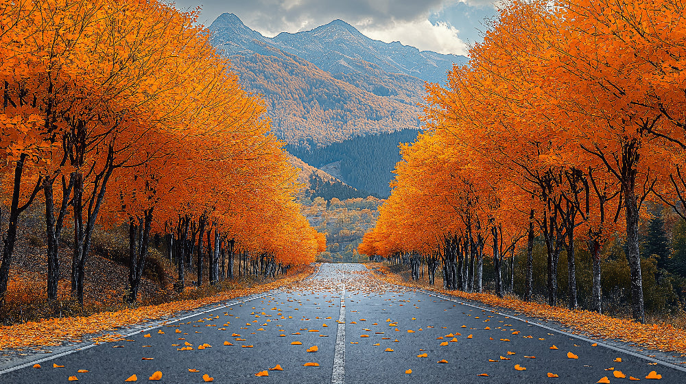 Mountain and autumn forest road design file showing full panoramic pattern with vibrant fall colors