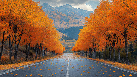 Mountain and autumn forest road design file showing full panoramic pattern with vibrant fall colors